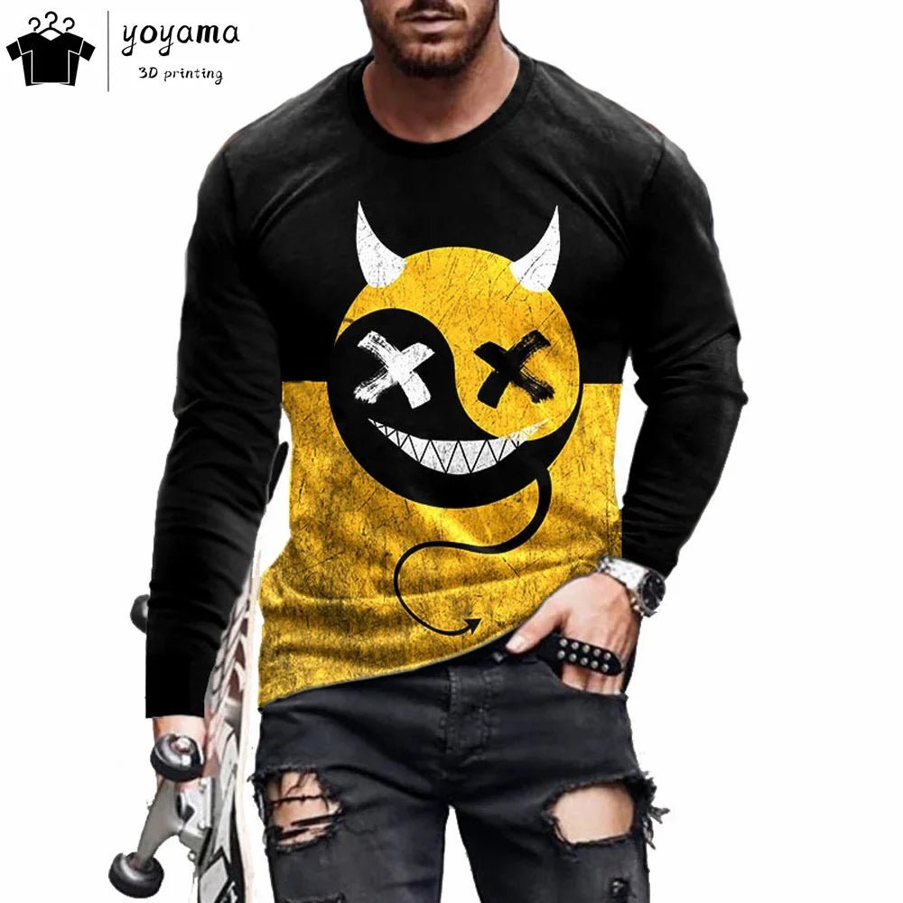 Men’s Casual Long Sleeve O-Neck T-shirt with Funny Pattern Print - Harajuku Street Fashion Top - Pendo Store