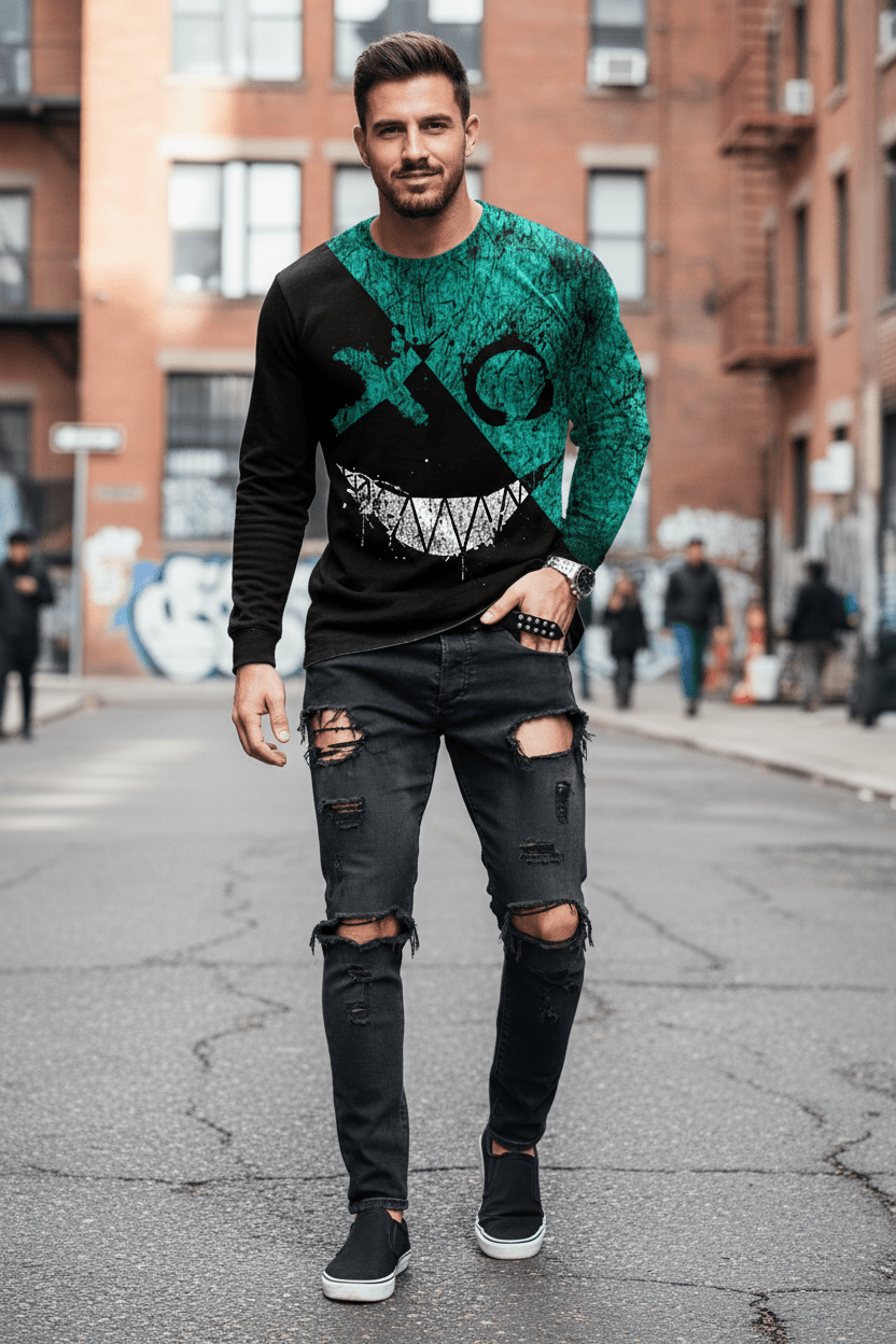 Men’s Casual Long Sleeve O-Neck T-shirt with Funny Pattern Print - Harajuku Street Fashion Top - Pendo Store
