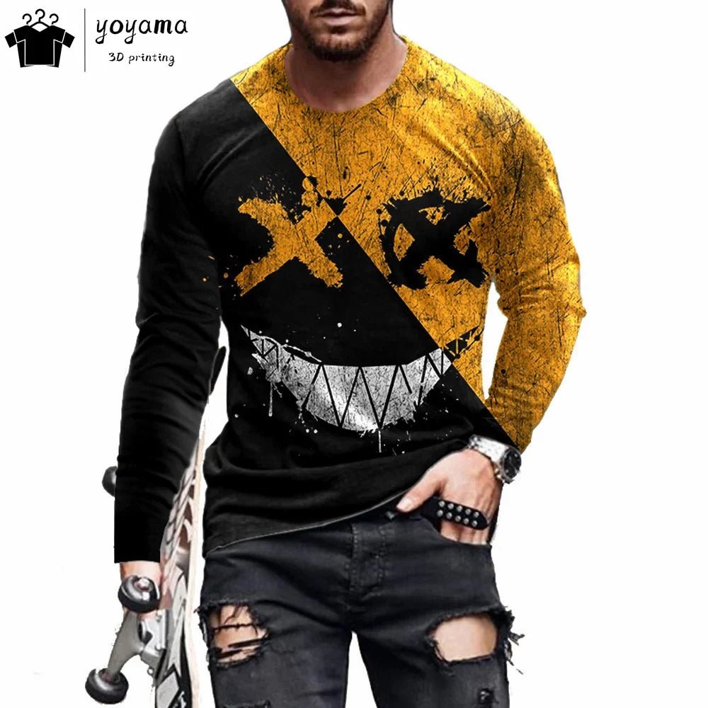 Men’s Casual Long Sleeve O-Neck T-shirt with Funny Pattern Print - Harajuku Street Fashion Top - Pendo Store