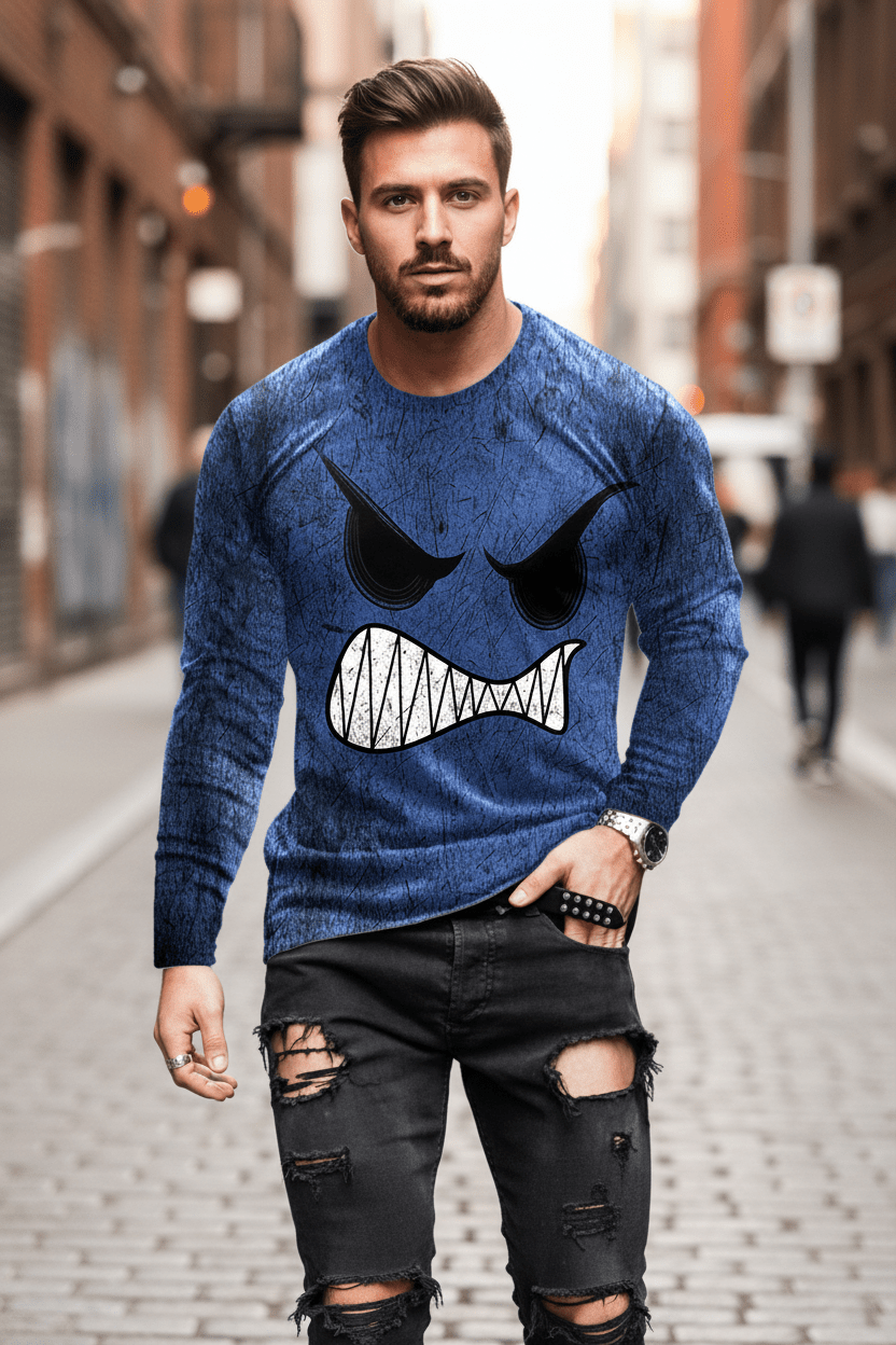 Men’s Casual Long Sleeve O-Neck T-shirt with Funny Pattern Print - Harajuku Street Fashion Top - Pendo Store