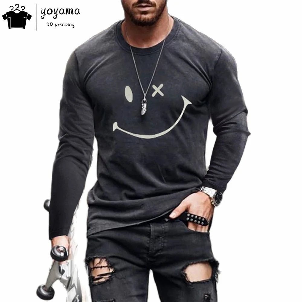 Men’s Casual Long Sleeve O-Neck T-shirt with Funny Pattern Print - Harajuku Street Fashion Top - Pendo Store