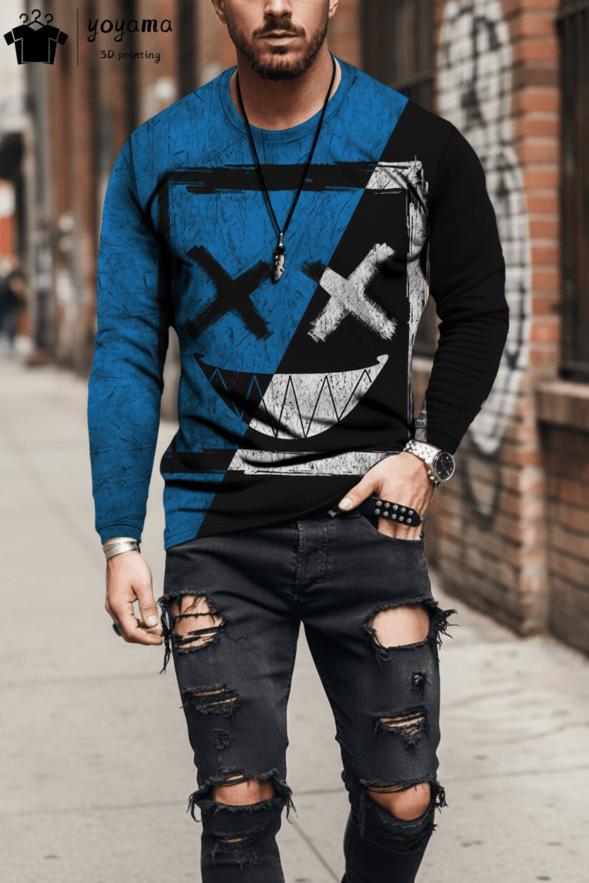 Men’s Casual Long Sleeve O-Neck T-shirt with Funny Pattern Print - Harajuku Street Fashion Top - Pendo Store