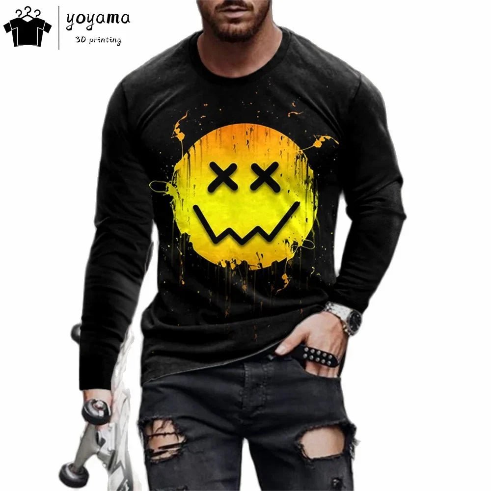 Men’s Casual Long Sleeve O-Neck T-shirt with Funny Pattern Print - Harajuku Street Fashion Top - Pendo Store
