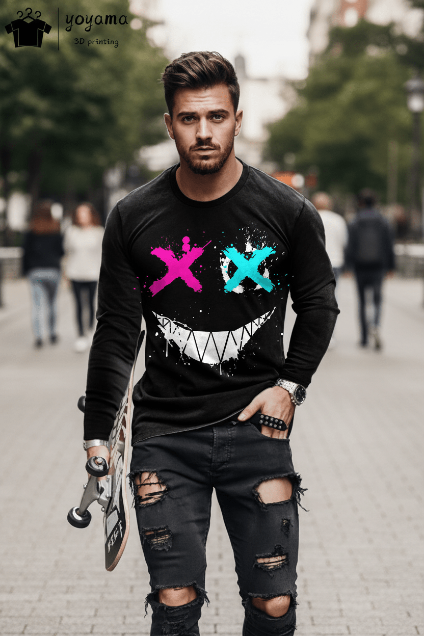 Men’s Casual Long Sleeve O-Neck T-shirt with Funny Pattern Print - Harajuku Street Fashion Top - Pendo Store