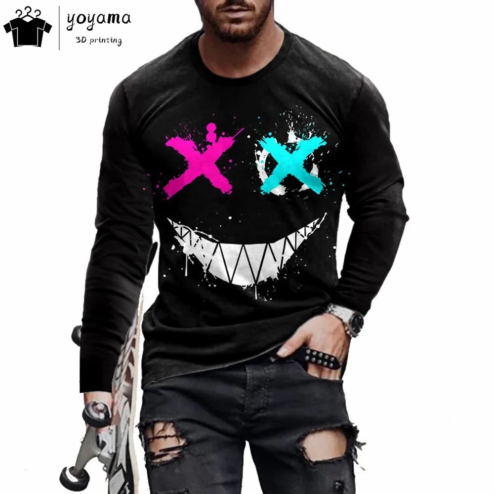 Men’s Casual Long Sleeve O-Neck T-shirt with Funny Pattern Print - Harajuku Street Fashion Top - Pendo Store
