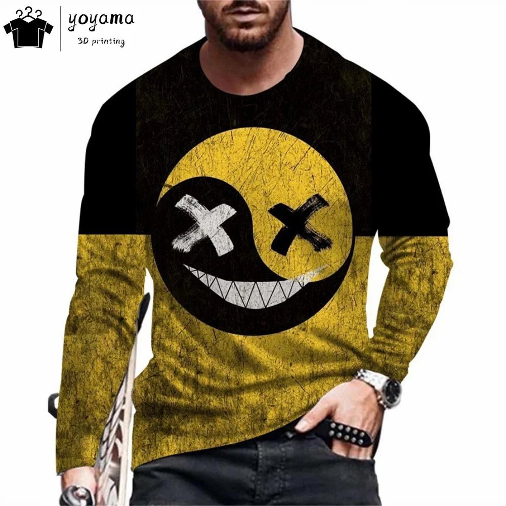 Men’s Casual Long Sleeve O-Neck T-shirt with Funny Pattern Print - Harajuku Street Fashion Top - Pendo Store