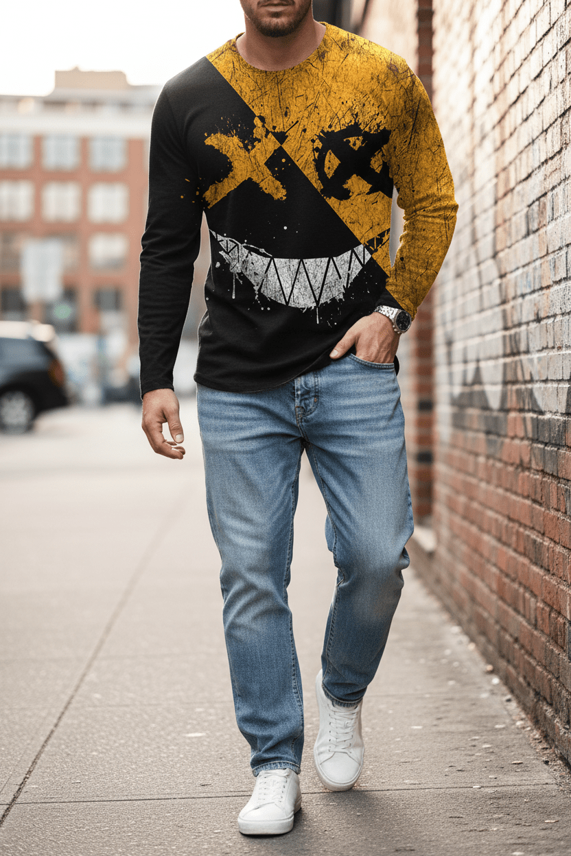 Men’s Casual Long Sleeve O-Neck T-shirt with Funny Pattern Print - Harajuku Street Fashion Top - Pendo Store