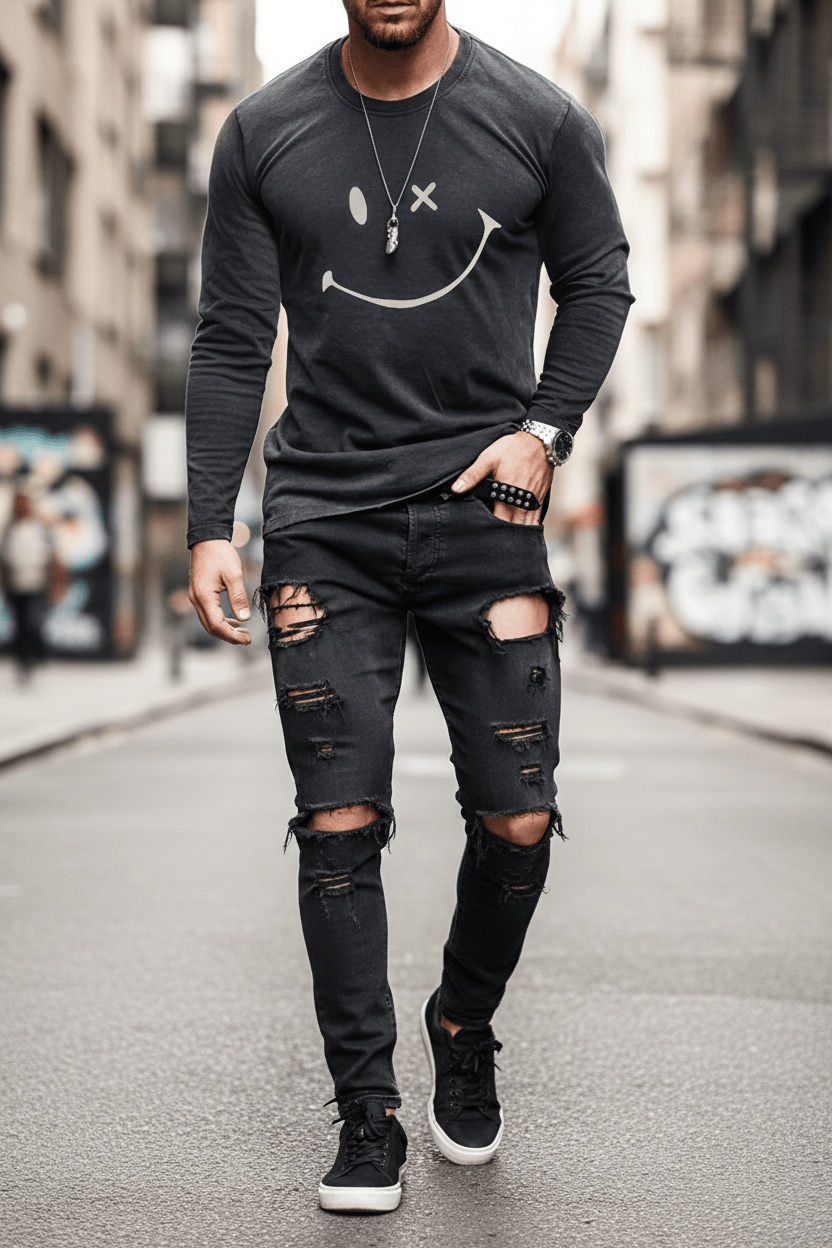 Men’s Casual Long Sleeve O-Neck T-shirt with Funny Pattern Print - Harajuku Street Fashion Top - Pendo Store