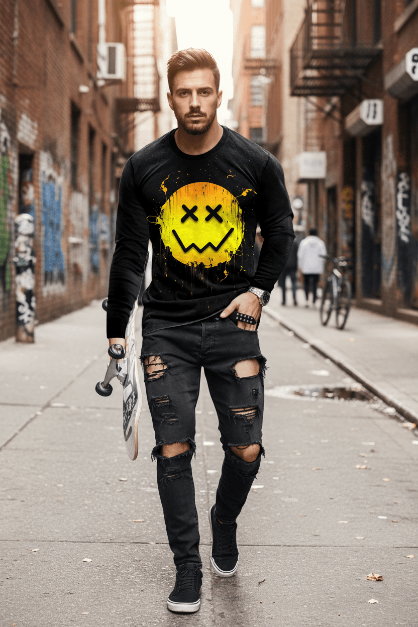 Men’s Casual Long Sleeve O-Neck T-shirt with Funny Pattern Print - Harajuku Street Fashion Top - Pendo Store