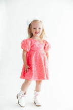 Neon Pink Puff Sleeve Sequin Dress