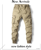 New Cotton Men’s Cargo Pants in Khaki, Black, Army, and Light Gray. Casual Tactical Joggers with Multi-Pockets for Fashion and Work Wear. - Pendo Store