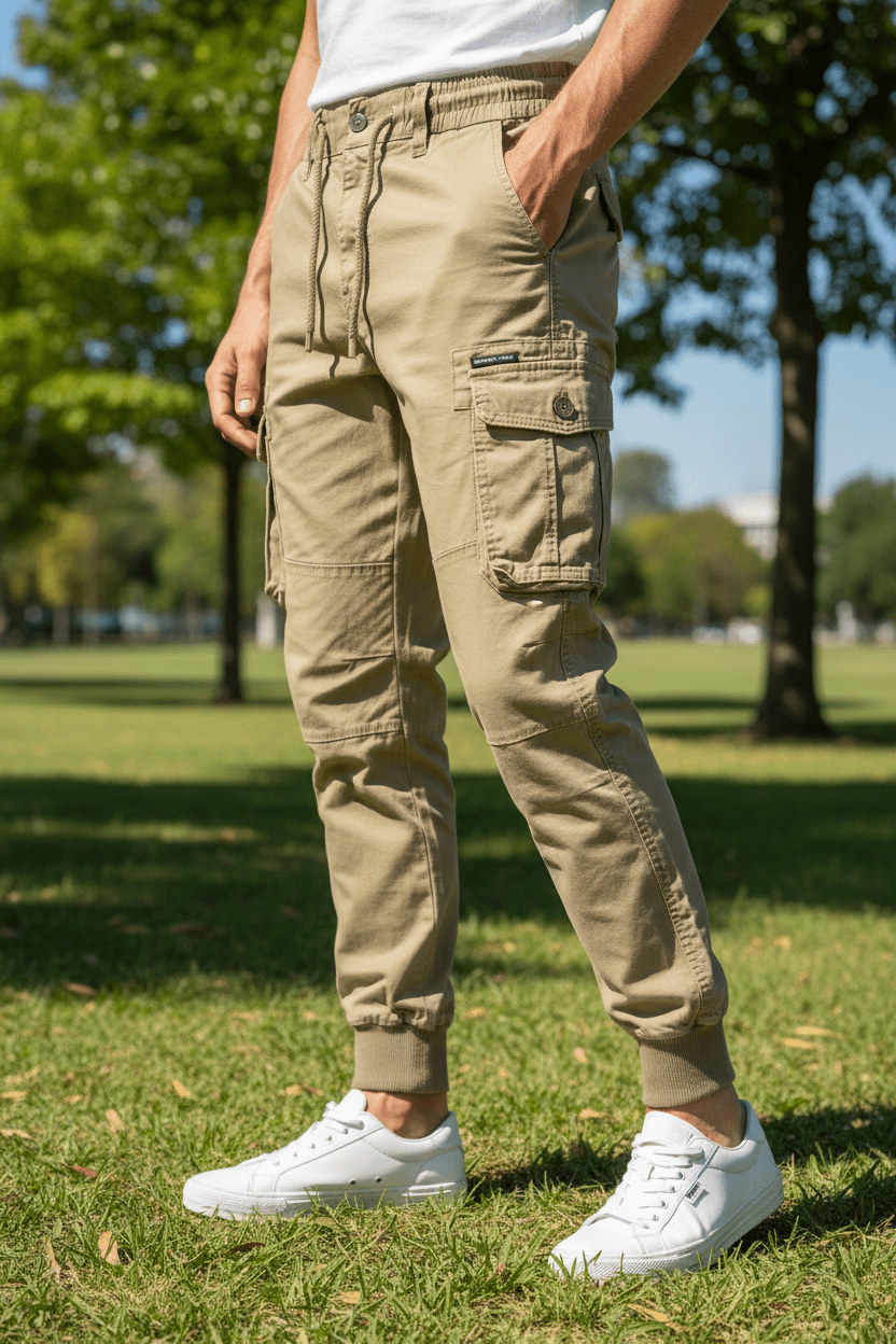 New Cotton Men’s Cargo Pants in Khaki, Black, Army, and Light Gray. Casual Tactical Joggers with Multi-Pockets for Fashion and Work Wear. - Pendo Store