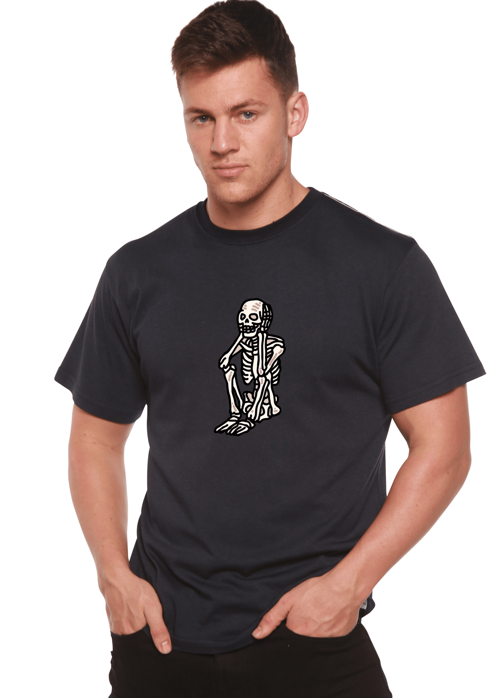 Sad Skeleton Halloween Unisex Bamboo Viscose/Organic Cotton Short Sleeve Graphic T-Shirt - Pendo Store