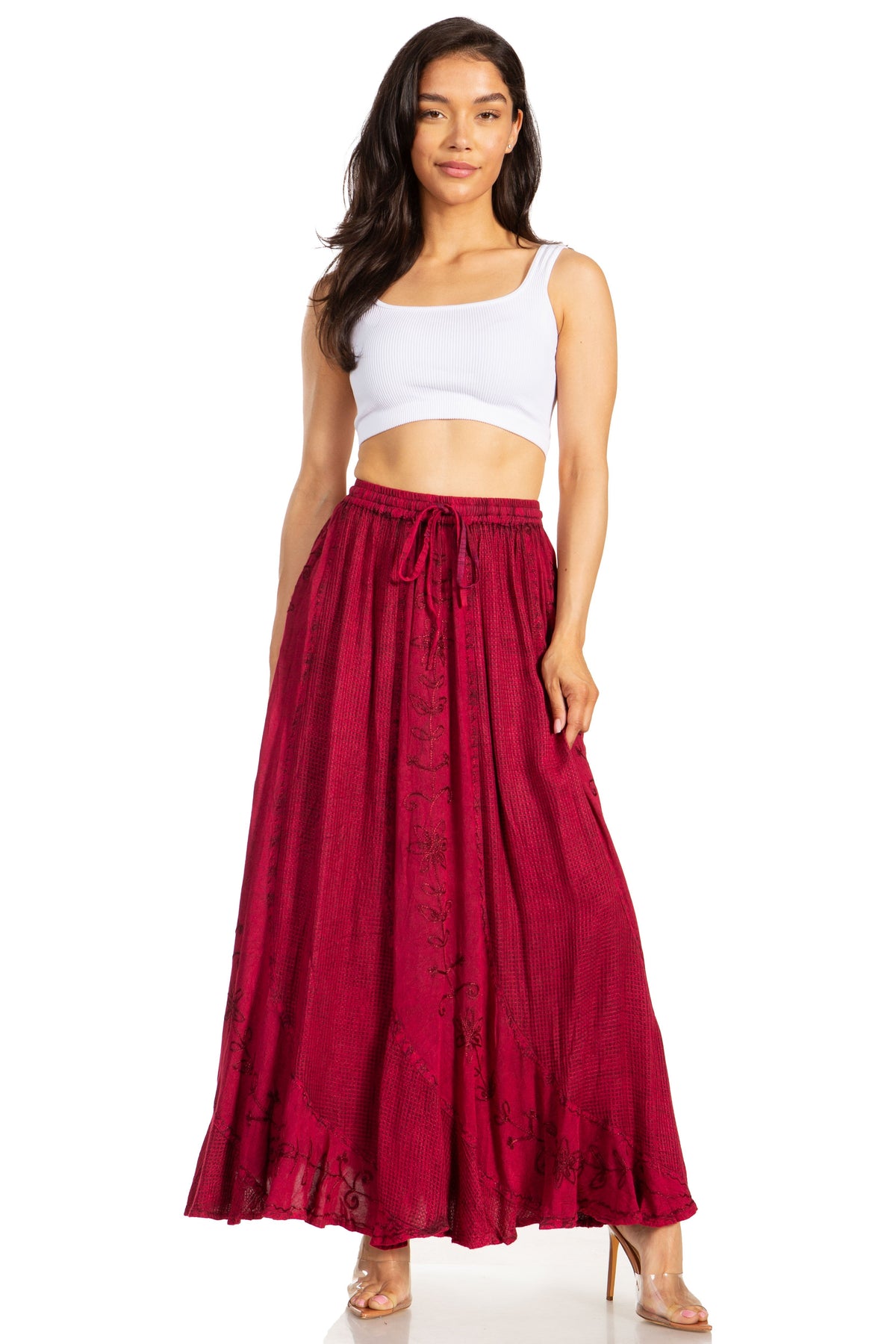 Sakkas Ahaana Women Renaissance Boho Rayon Maxi Embroidered Paneled Summer Skirt - Pendo Store