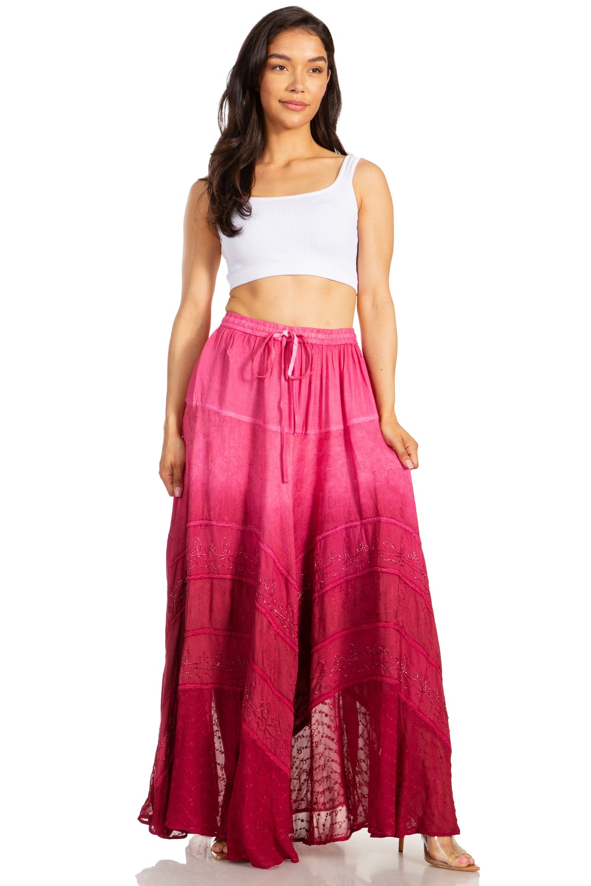 Sakkas Lyra Womens Bohemian Soft Brocade Rayon Tiered Embroidered Flowy Long Skirt - Pendo Store