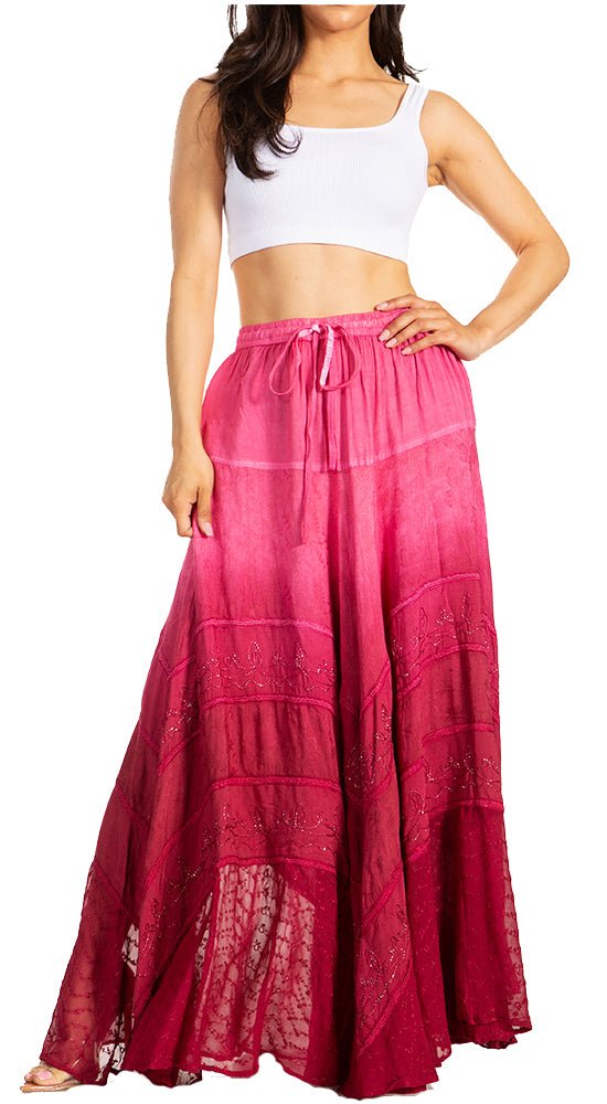 Sakkas Lyra Womens Bohemian Soft Brocade Rayon Tiered Embroidered Flowy Long Skirt - Pendo Store