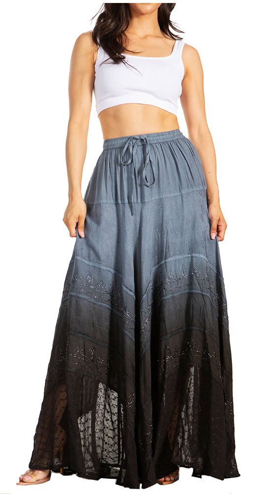 Sakkas Lyra Womens Bohemian Soft Brocade Rayon Tiered Embroidered Flowy Long Skirt - Pendo Store