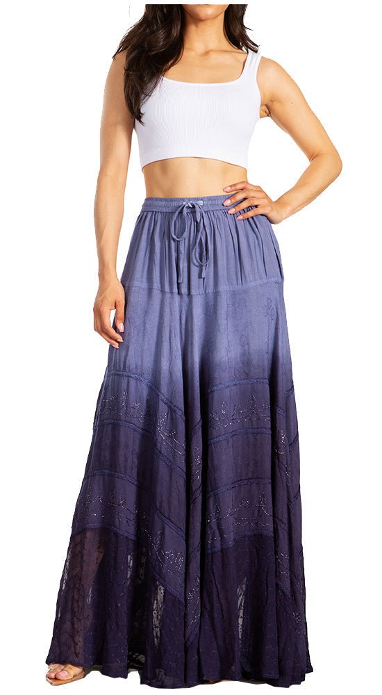 Sakkas Lyra Womens Bohemian Soft Brocade Rayon Tiered Embroidered Flowy Long Skirt - Pendo Store