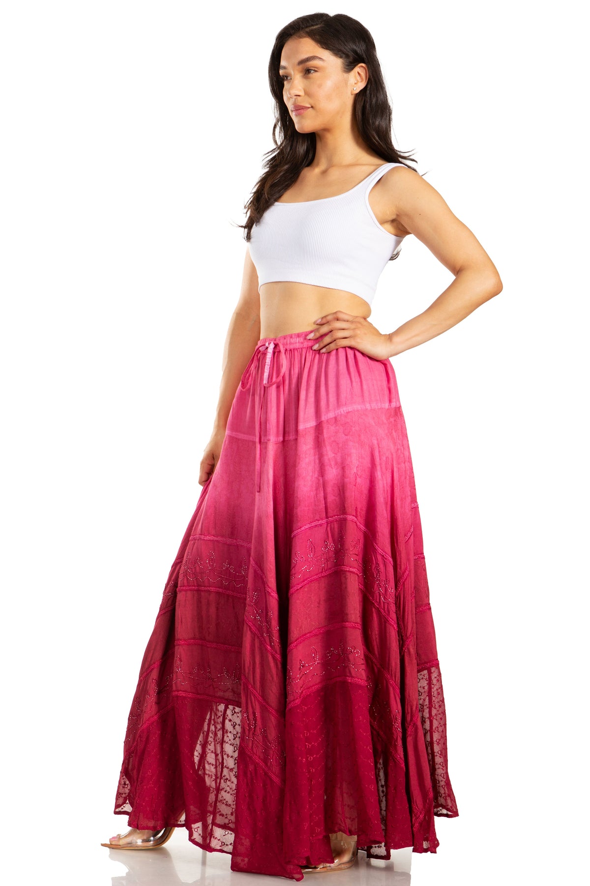 Sakkas Lyra Womens Bohemian Soft Brocade Rayon Tiered Embroidered Flowy Long Skirt - Pendo Store