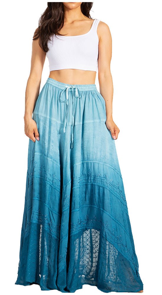 Sakkas Lyra Womens Bohemian Soft Brocade Rayon Tiered Embroidered Flowy Long Skirt - Pendo Store