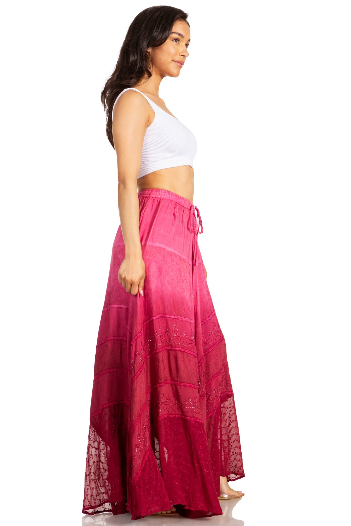 Sakkas Lyra Womens Bohemian Soft Brocade Rayon Tiered Embroidered Flowy Long Skirt - Pendo Store