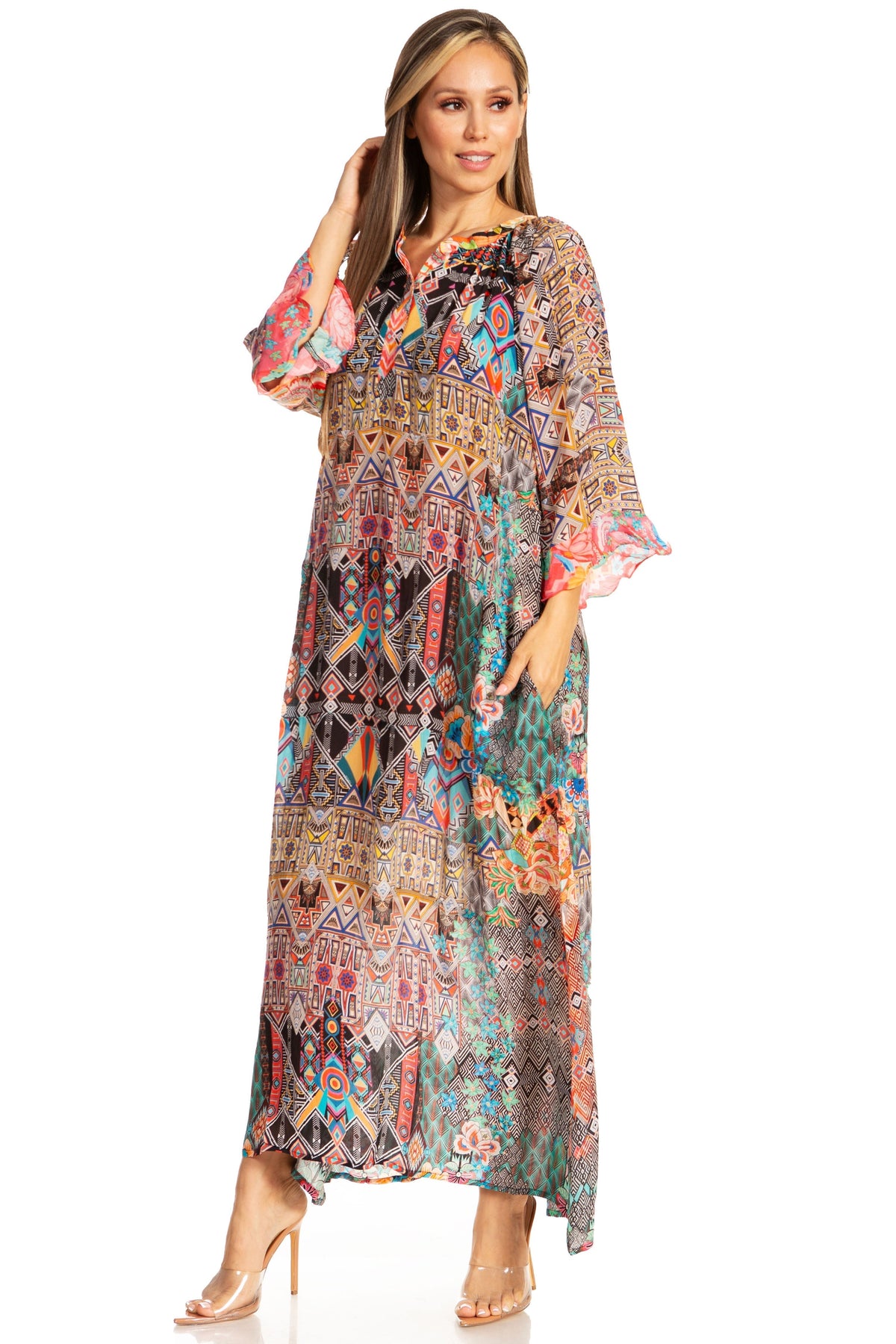 Sakkas Womens Henley Neck Elbow Sleeves Long A-Line Summer dress with pockets - Pendo Store
