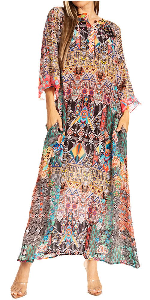Sakkas Womens Henley Neck Elbow Sleeves Long A-Line Summer dress with pockets - Pendo Store