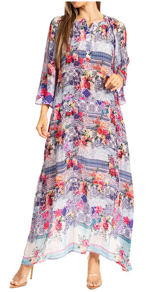 Sakkas Womens Henley Neck Elbow Sleeves Long A-Line Summer dress with pockets - Pendo Store