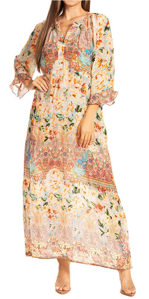 Sakkas Womens Henley Neck Elbow Sleeves Long A-Line Summer dress with pockets - Pendo Store