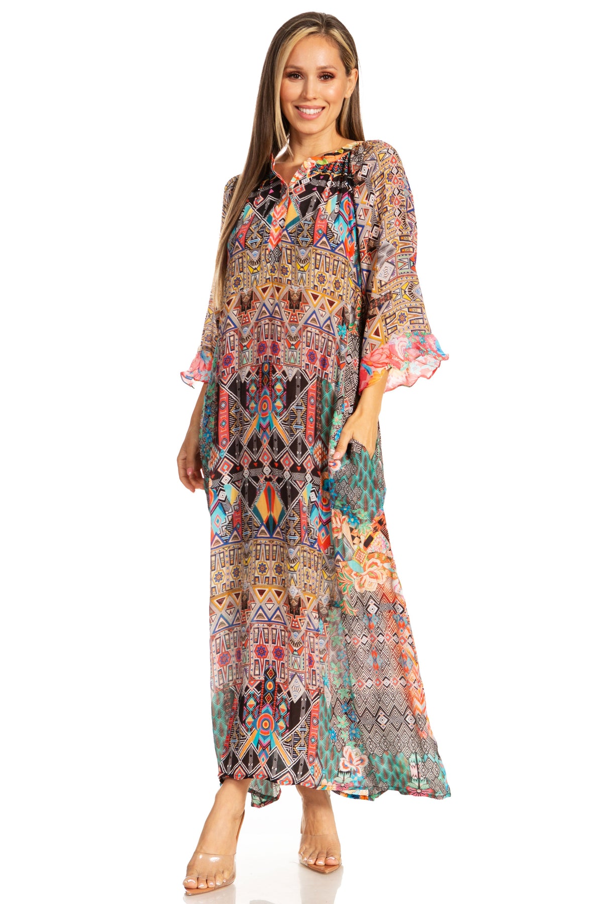 Sakkas Womens Henley Neck Elbow Sleeves Long A-Line Summer dress with pockets - Pendo Store