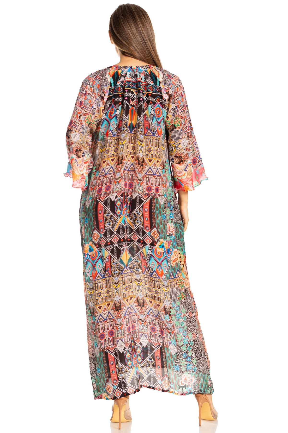 Sakkas Womens Henley Neck Elbow Sleeves Long A-Line Summer dress with pockets - Pendo Store