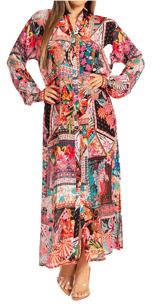 Sakkas Womens Long Sleeves Button Down Spring/Summer Maxi Shirt dress/Beachwear - Pendo Store