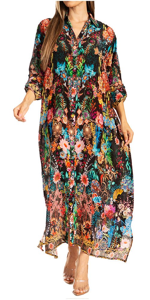 Sakkas Womens Long Sleeves Button Down Spring/Summer Maxi Shirt dress/Beachwear - Pendo Store