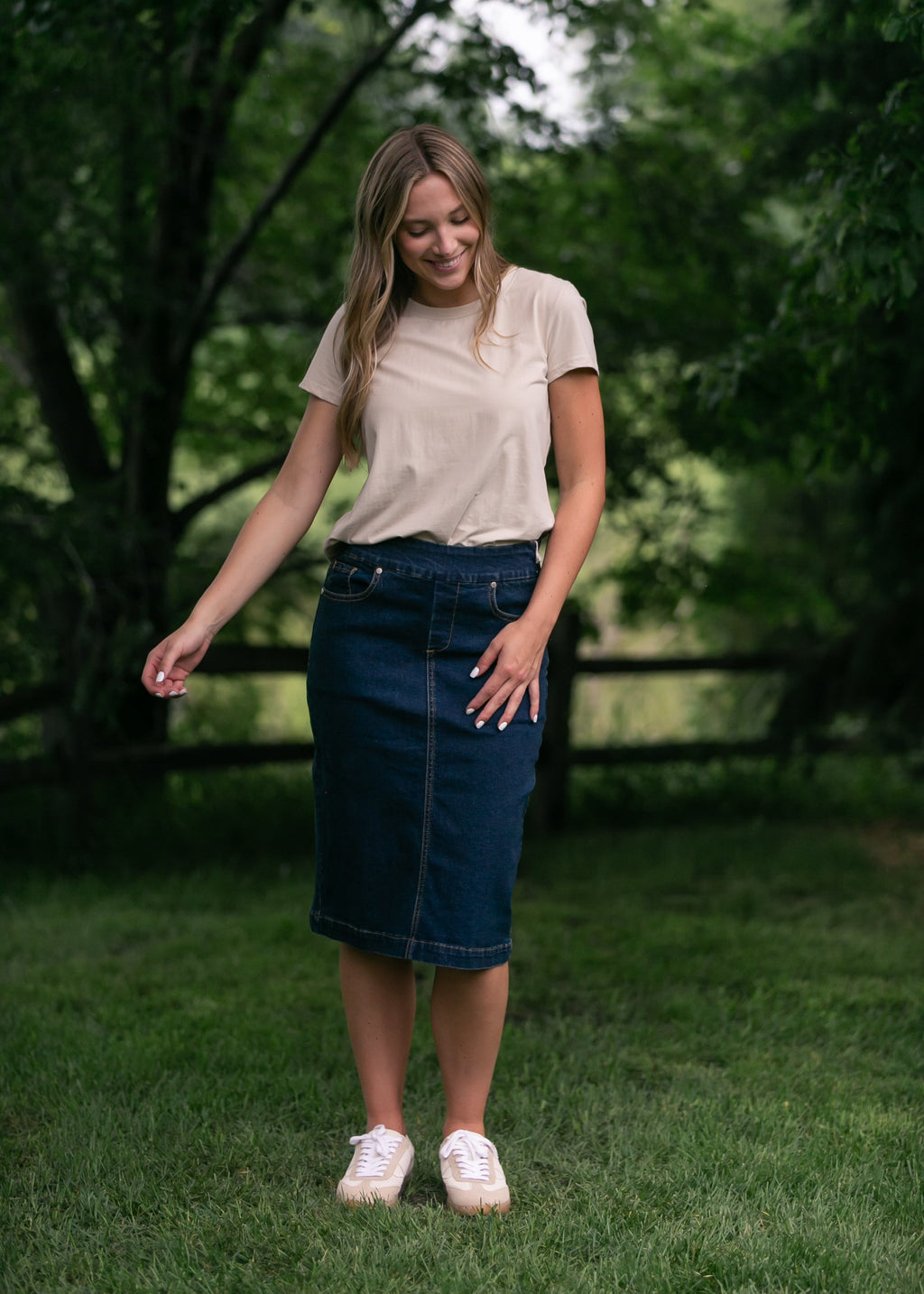 Sandra Dark Wash Denim Midi Skirt - Pendo Store