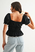 Smocked Peplum Top With Puff Sleeves - Pendo Store