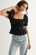 Smocked Peplum Top With Puff Sleeves - Pendo Store