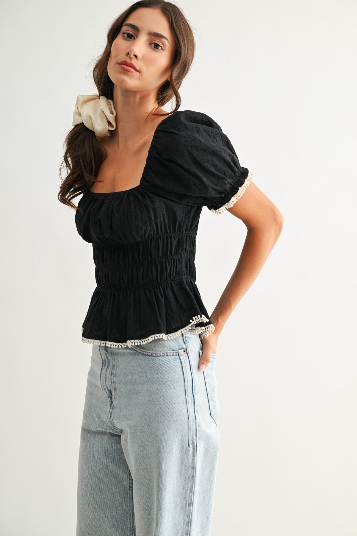 Smocked Peplum Top With Puff Sleeves - Pendo Store