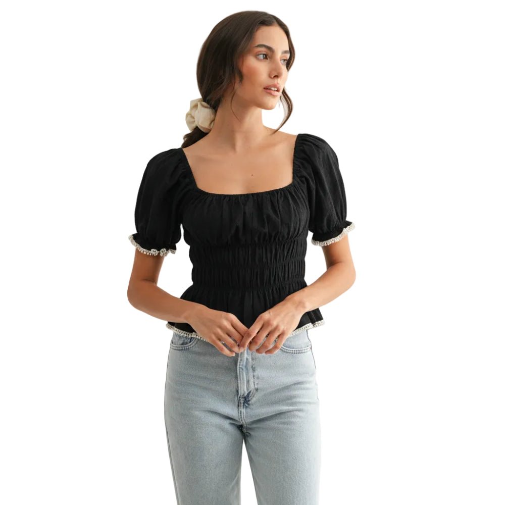 Smocked Peplum Top With Puff Sleeves - Pendo Store