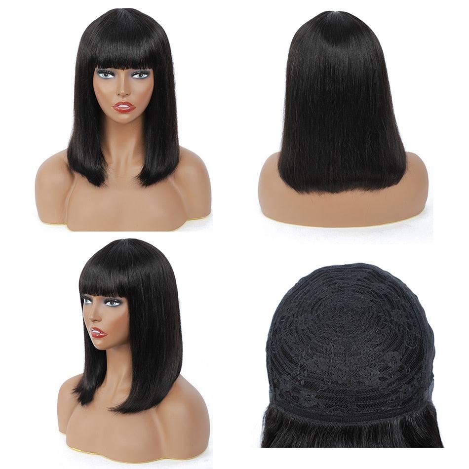 Straight Bob Human Hair Wigs With Bangs Short Brazilian Human Hair Bob Wigs For Woman No Lace Full Machine Made Human Hair Wigs For Black Women Gifts for Girlfriends - Pendo Store