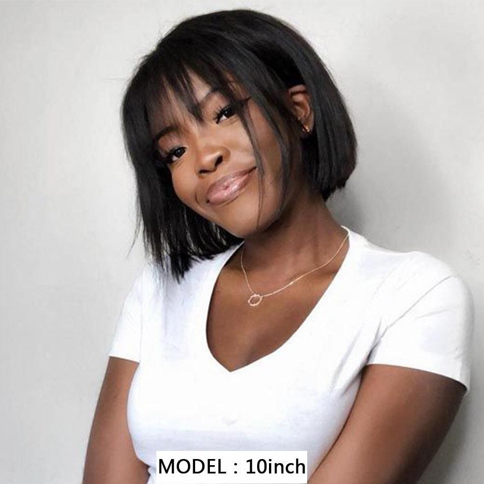 Straight Bob Human Hair Wigs With Bangs Short Brazilian Human Hair Bob Wigs For Woman No Lace Full Machine Made Human Hair Wigs For Black Women Gifts for Girlfriends - Pendo Store