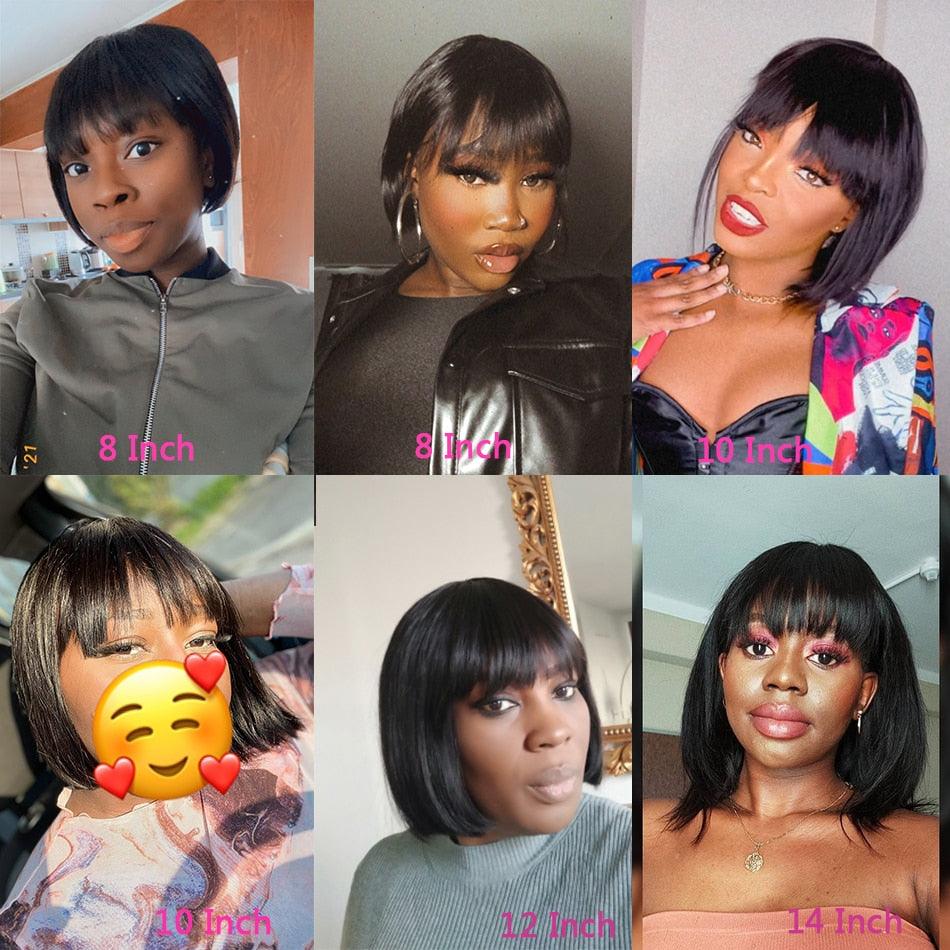 Straight Bob Human Hair Wigs With Bangs Short Brazilian Human Hair Bob Wigs For Woman No Lace Full Machine Made Human Hair Wigs For Black Women Gifts for Girlfriends - Pendo Store