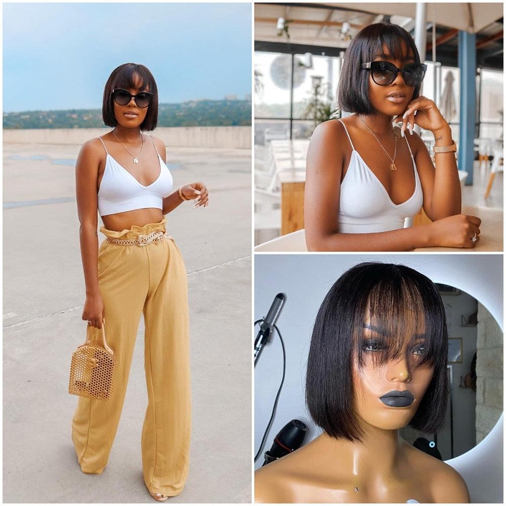 Straight Bob Wig Human Hair Wig With Bangs Short Bob Human Hair Wigs For Women Brazilian Straight Fringe Human Hair Wigs For Black Women Gifts for Girlfriends - Pendo Store