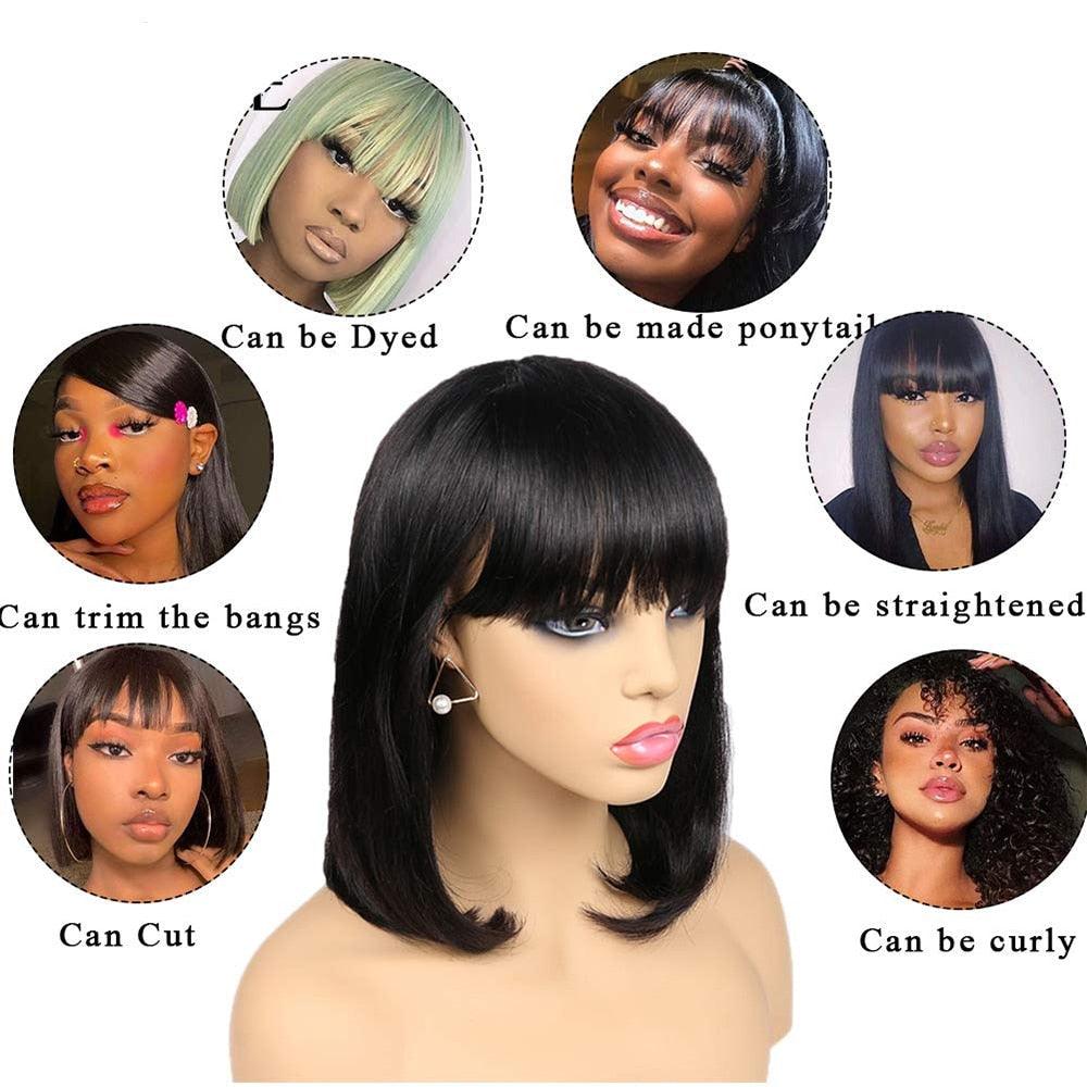 Straight Bob Wig Human Hair Wig With Bangs Short Bob Human Hair Wigs For Women Brazilian Straight Fringe Human Hair Wigs For Black Women Gifts for Girlfriends - Pendo Store