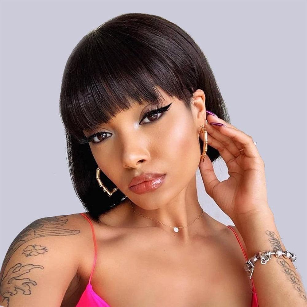 Straight Bob Wig Human Hair Wig With Bangs Short Bob Human Hair Wigs For Women Brazilian Straight Fringe Human Hair Wigs For Black Women Gifts for Girlfriends - Pendo Store