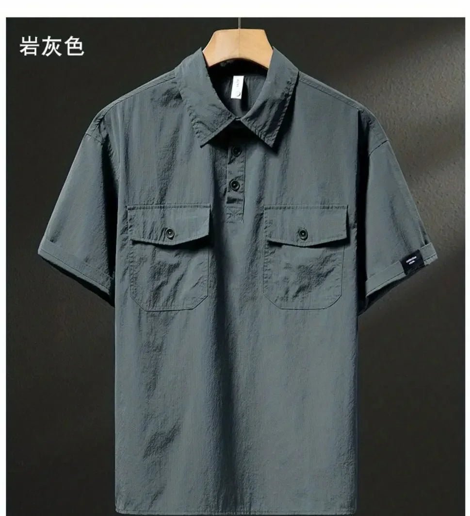 Summer Ice Silk American High-end Workwear Short-sleeved Shirt Men’s Gray British Trendy Retro Loose T-shirt Polo Shirt - Pendo Store