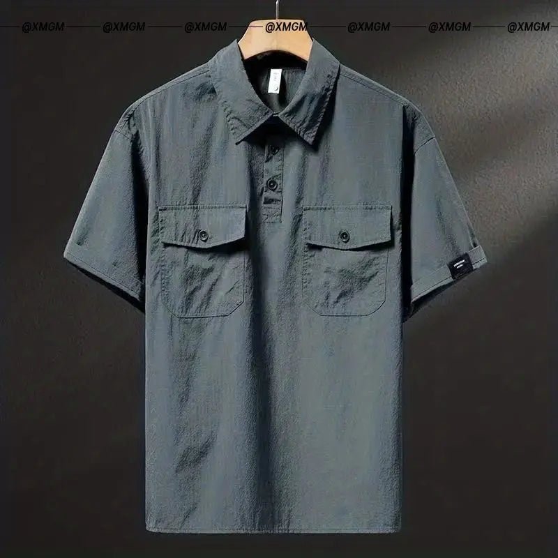 Summer Ice Silk American High-end Workwear Short-sleeved Shirt Men’s Gray British Trendy Retro Loose T-shirt Polo Shirt - Pendo Store