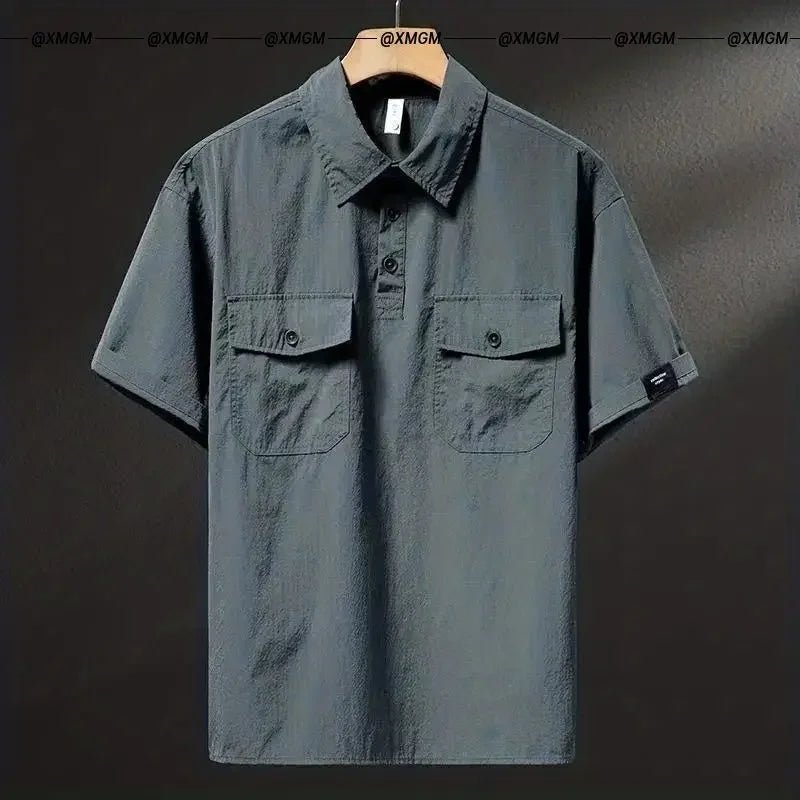 Summer Ice Silk American High-end Workwear Short-sleeved Shirt Men’s Gray British Trendy Retro Loose T-shirt Polo Shirt - Pendo Store