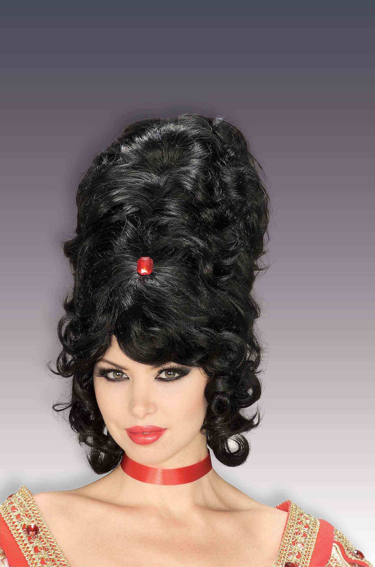 Tall Black Beehive Gogo Women's Wig With Red Jewel - Pendo Store