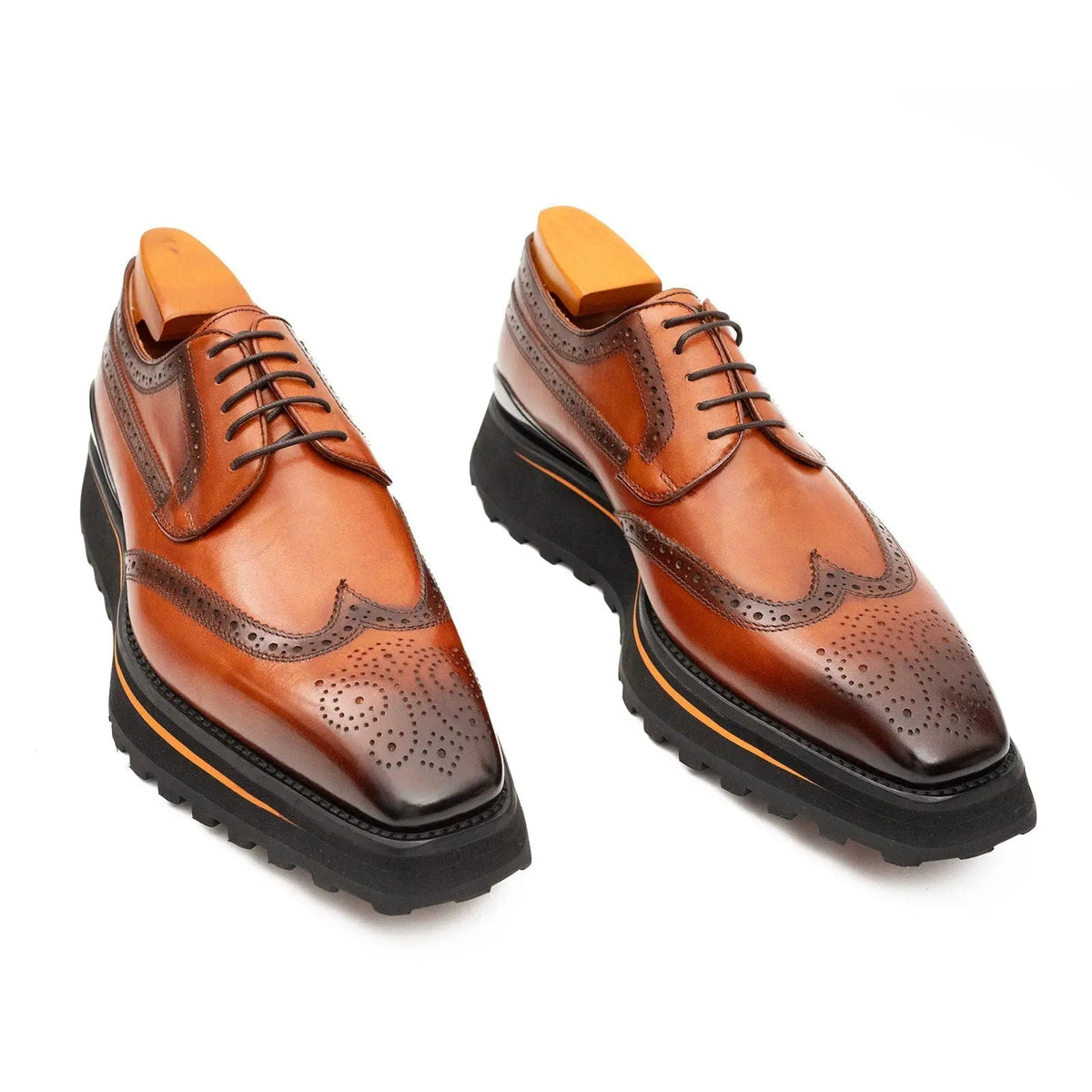 Thick-soled calfskin formal brogue derby shoes Brown - Pendo Store
