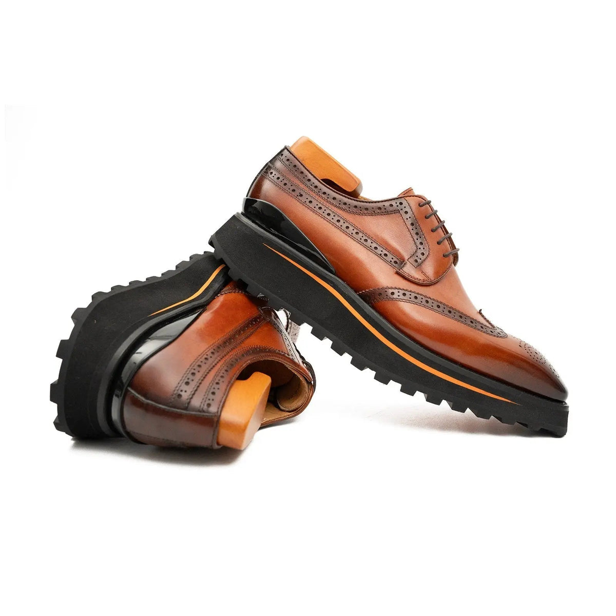 Thick-soled calfskin formal brogue derby shoes Brown - Pendo Store